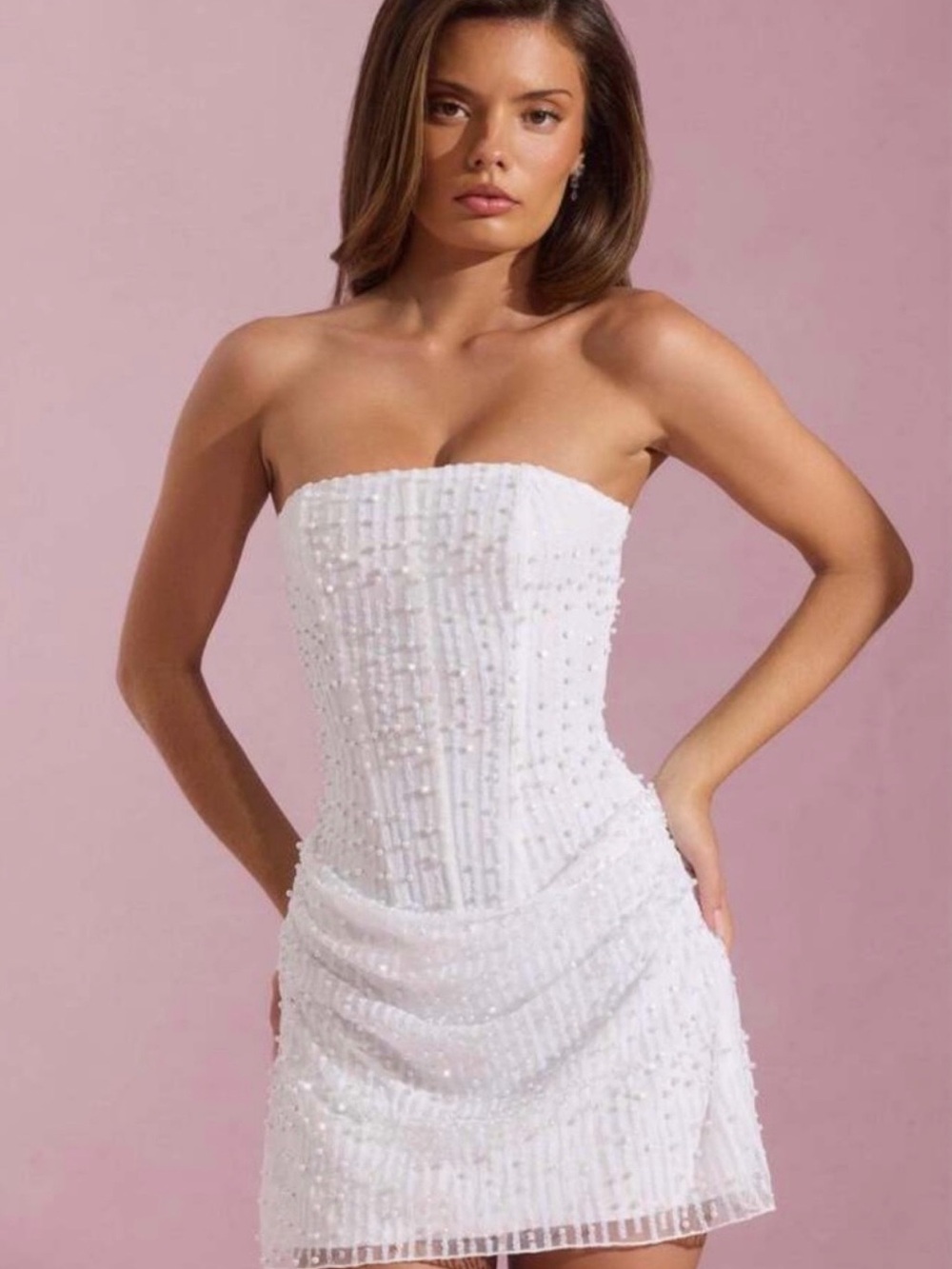 Oh Polly White Strapless Beaded Mini Dress